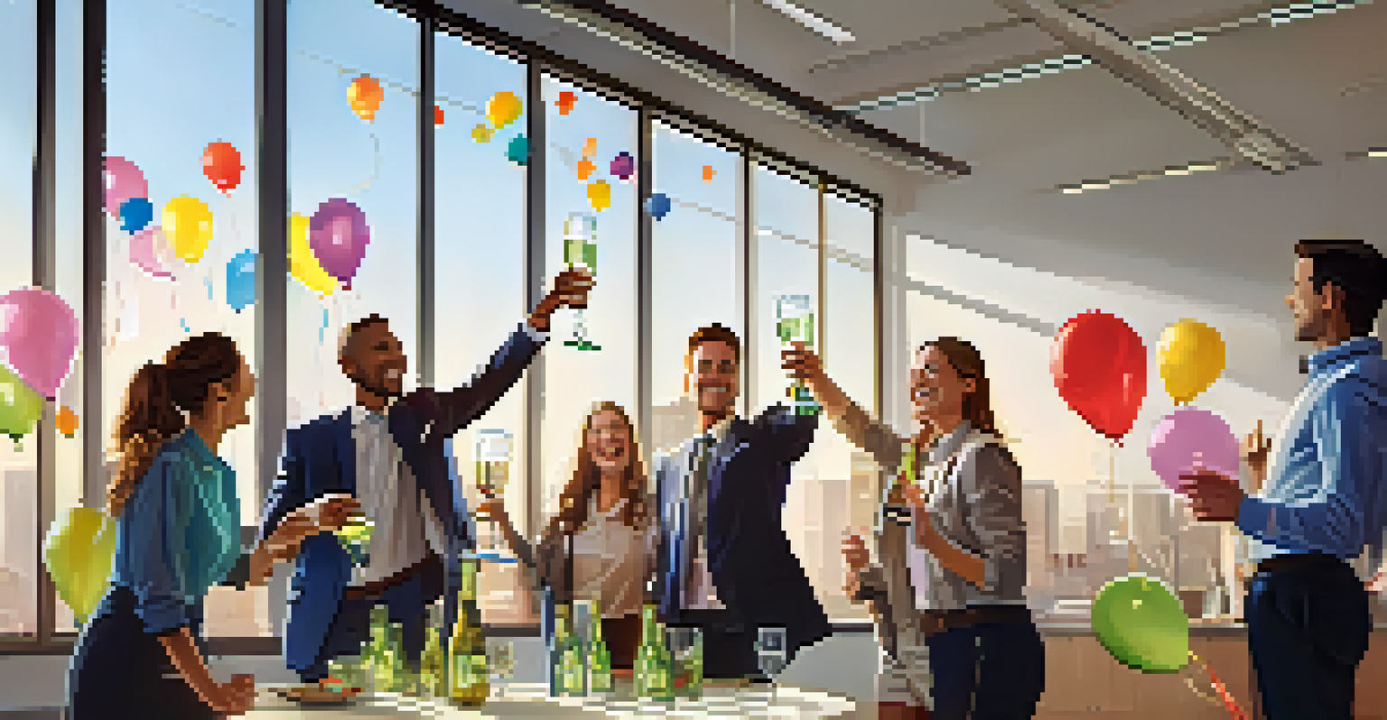 A team of employees toasting with sparkling water in a celebratory office setting, with balloons and a 'Celebrating Innovation' banner.