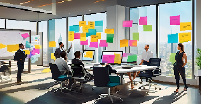 A diverse group of professionals in a bright office brainstorming around a conference table with laptops and sticky notes.