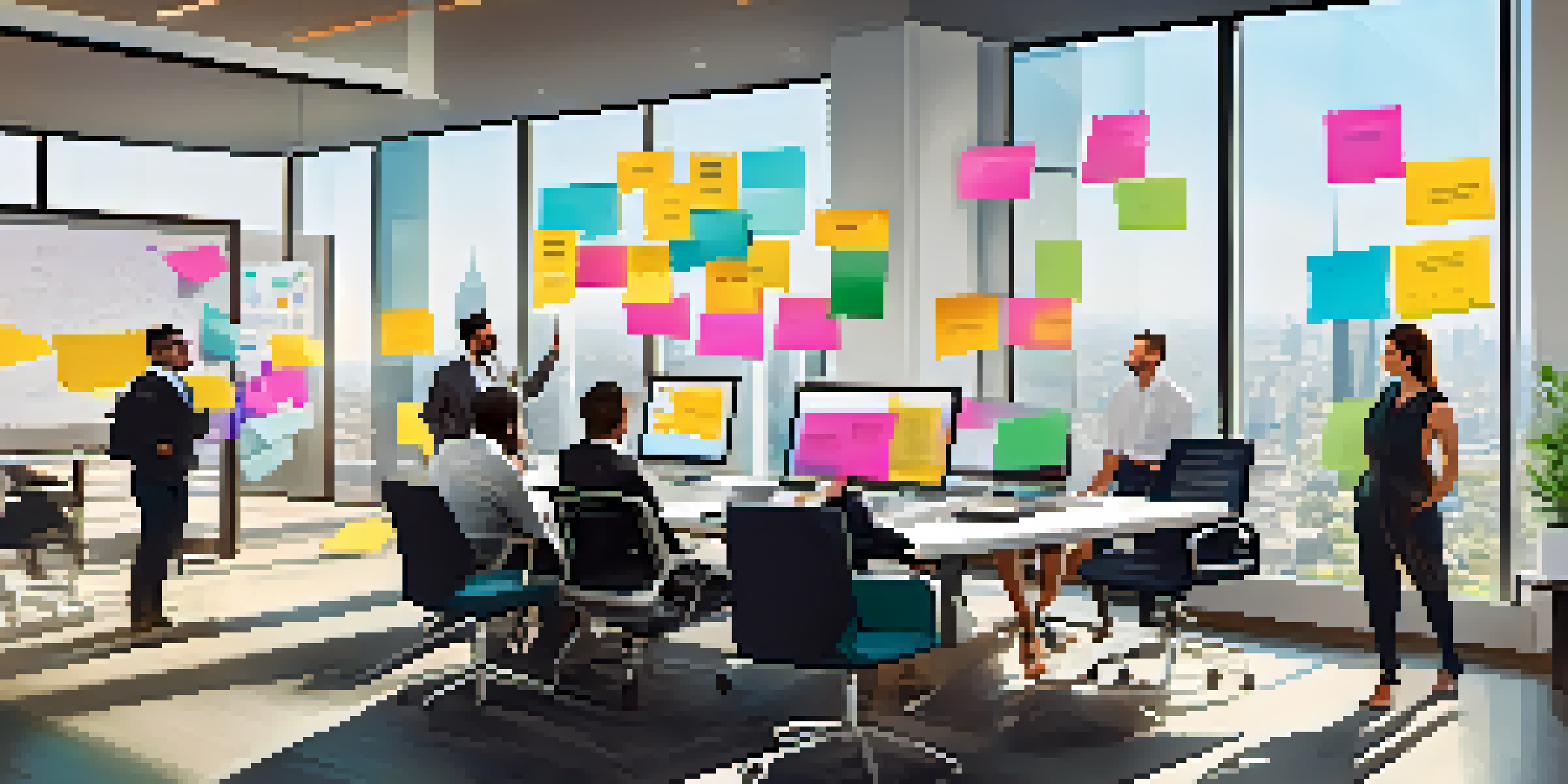 A diverse group of professionals in a bright office brainstorming around a conference table with laptops and sticky notes.