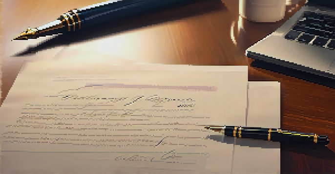 A close-up of a business contract on a wooden desk with a fountain pen, illuminated by soft light, and a blurred background of a laptop and coffee cup.