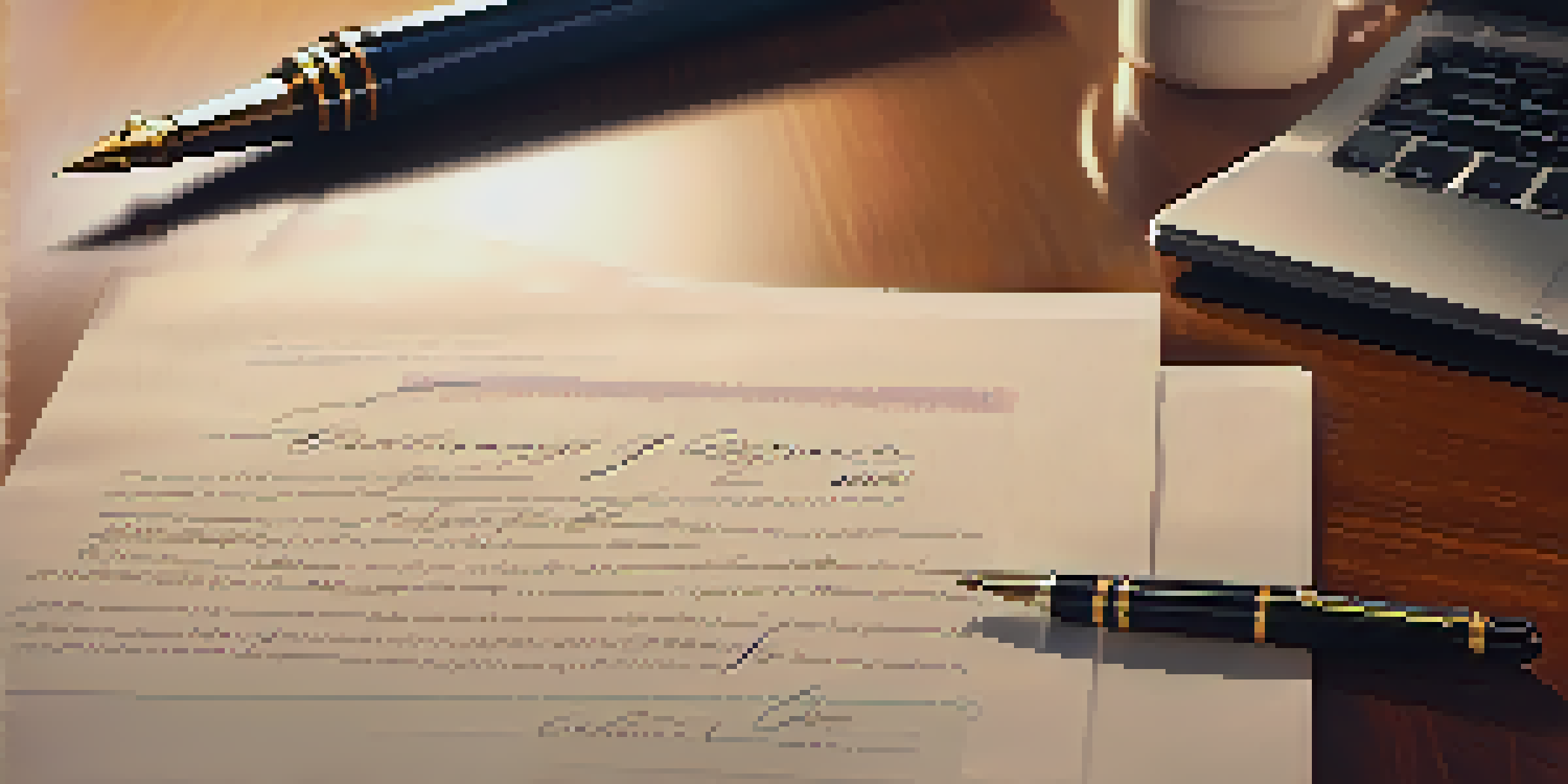 A close-up of a business contract on a wooden desk with a fountain pen, illuminated by soft light, and a blurred background of a laptop and coffee cup.