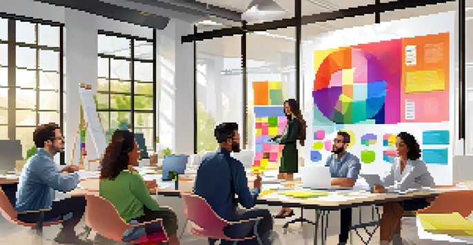 A diverse group of professionals collaborating in a bright office, with a whiteboard covered in colorful charts and post-it notes.