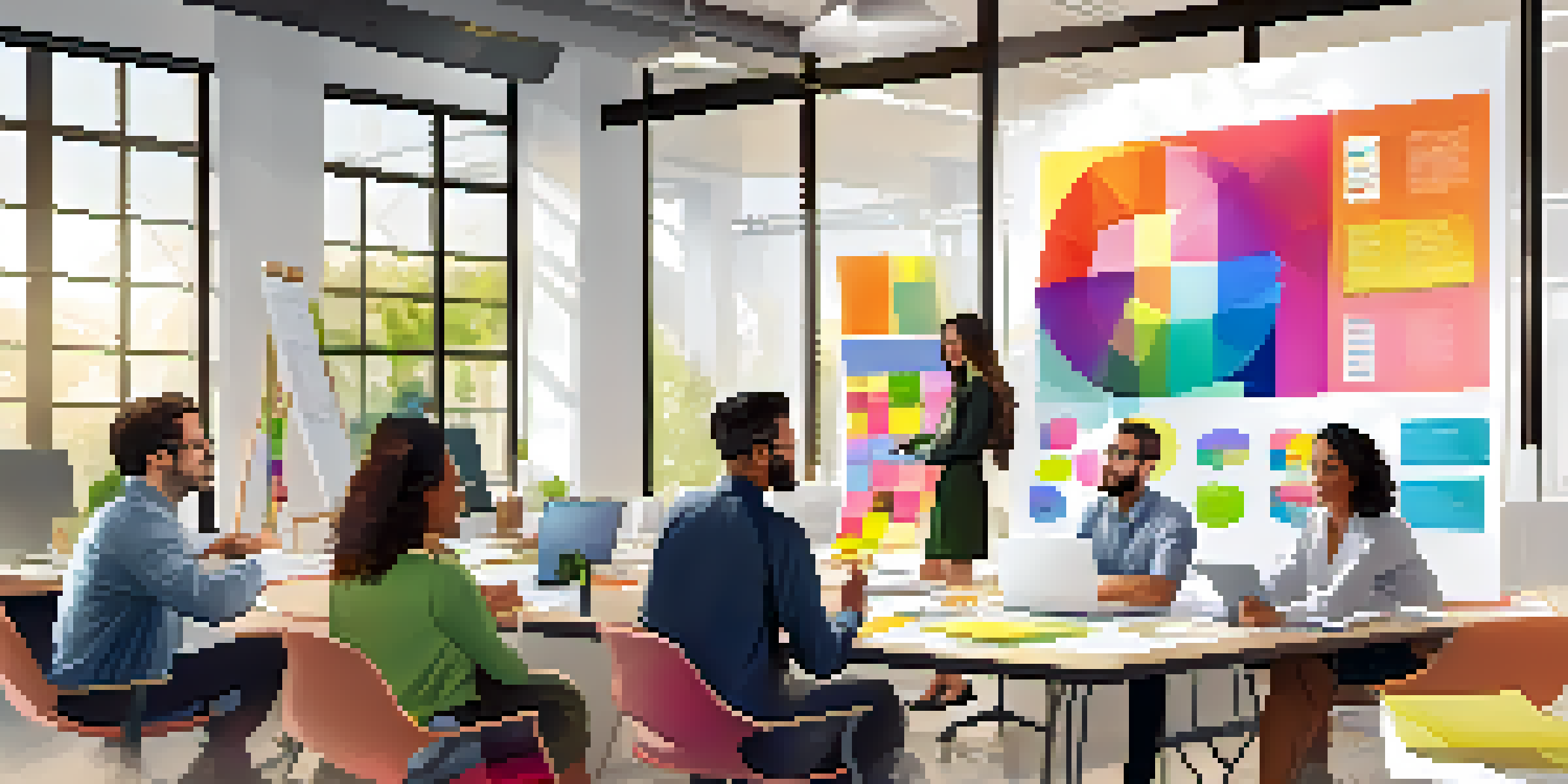 A diverse group of professionals collaborating in a bright office, with a whiteboard covered in colorful charts and post-it notes.