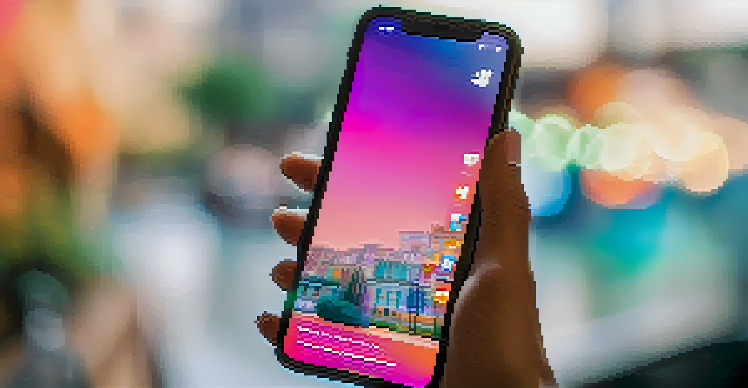 A close-up of a hand holding a smartphone showing a colorful social media feed, with blurred background emphasizing the device.