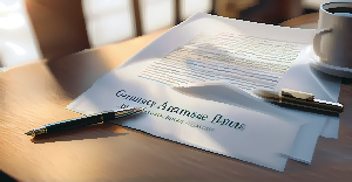 A close-up view of an open franchise agreement on a wooden desk, with a pen and coffee cup, illuminated by sunlight.