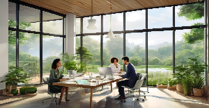 A modern office with professionals brainstorming over sustainable materials, surrounded by greenery and natural light.