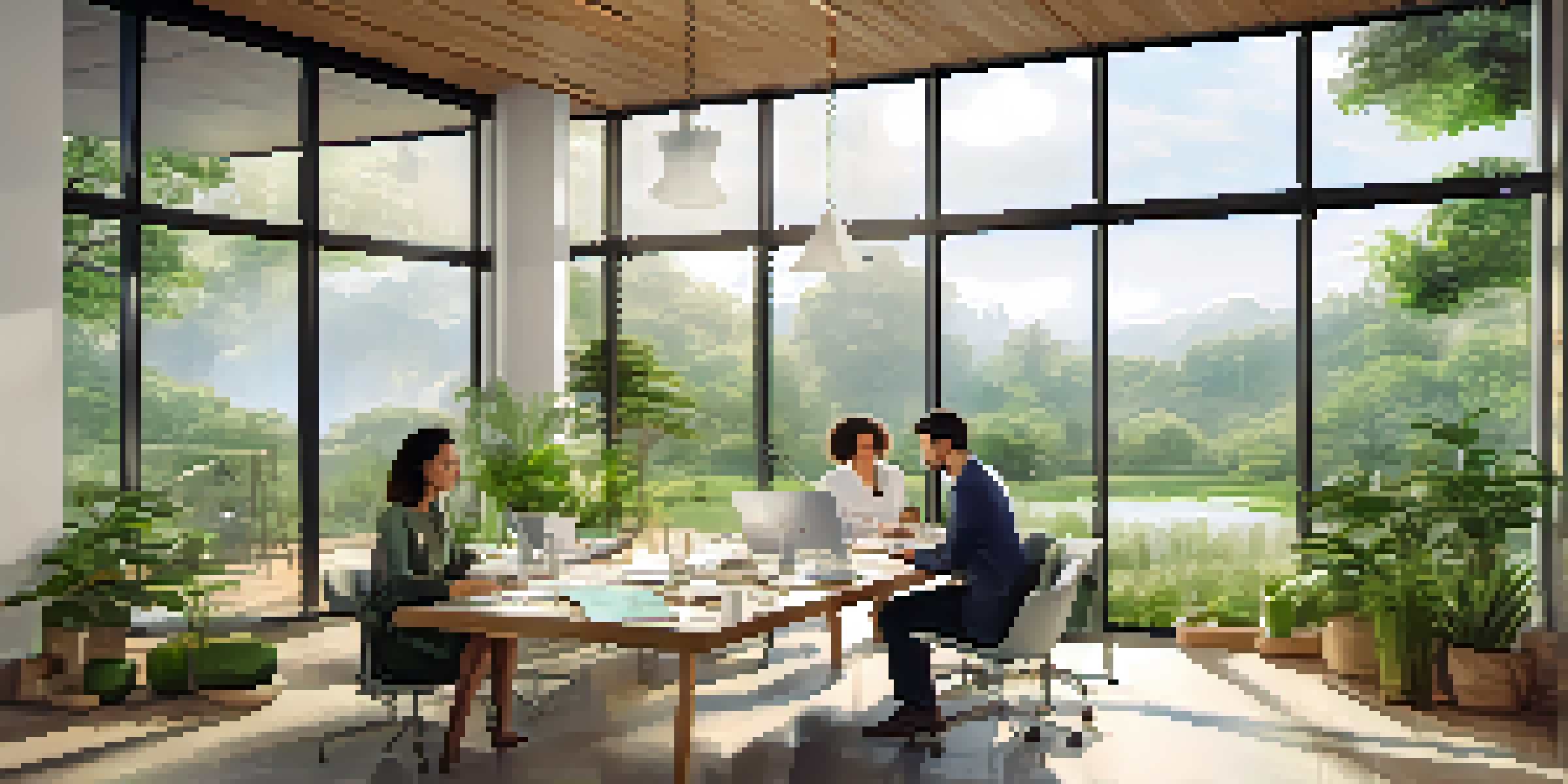 A modern office with professionals brainstorming over sustainable materials, surrounded by greenery and natural light.