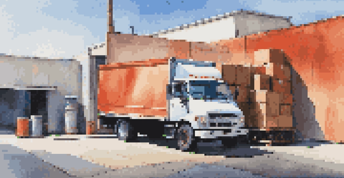 A colorful delivery truck parked at a loading dock with boxes being unloaded.