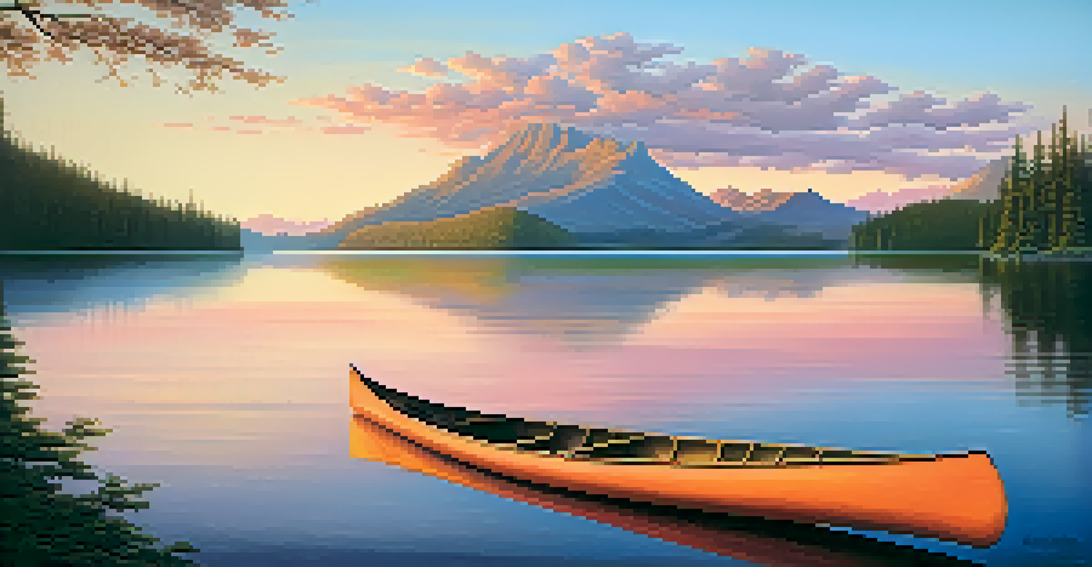 A peaceful lake at sunset, surrounded by forests and mountains with a canoe floating.