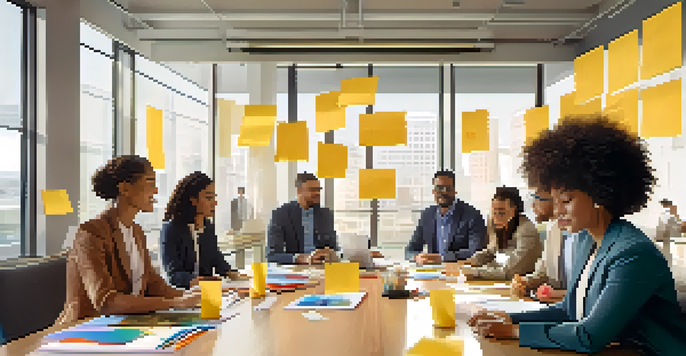 A diverse team of professionals working together in a bright conference room filled with natural light, engaging in a collaborative brainstorming session.