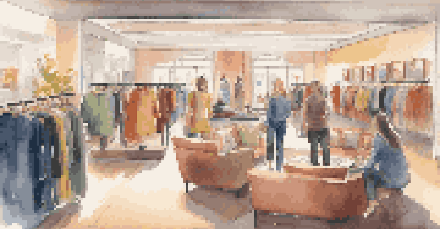A clothing store interior with colorful outfits on racks, comfortable seating, and warm lighting, featuring shoppers trying on clothes.