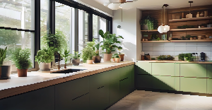 A contemporary office kitchen featuring low-flow faucets and plants, with sunlight illuminating the space.