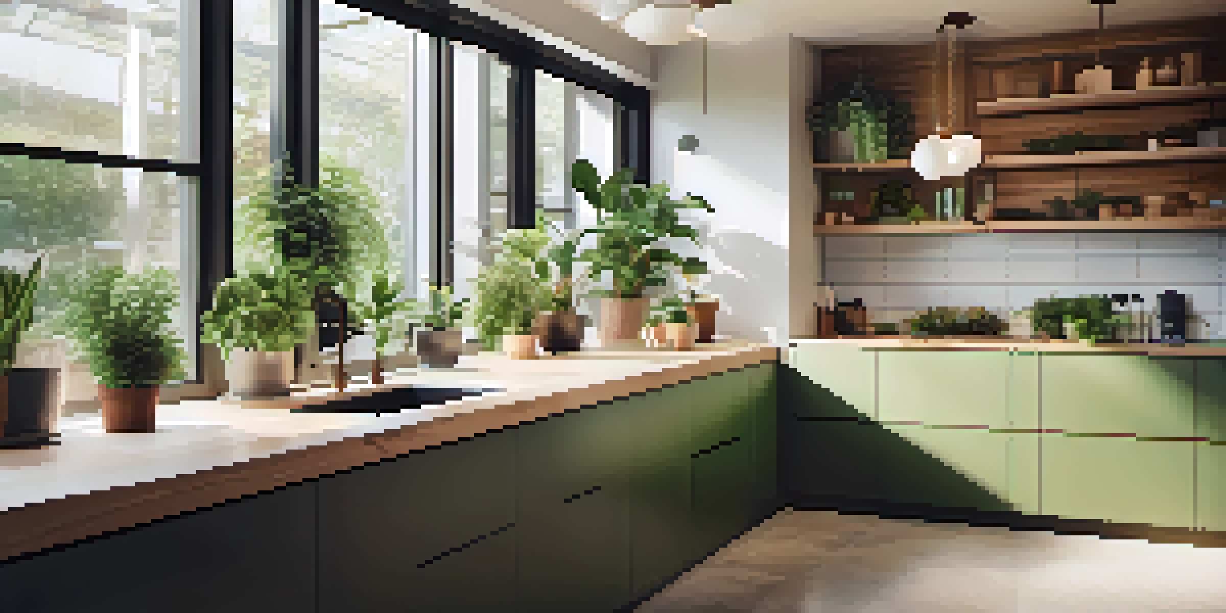 A contemporary office kitchen featuring low-flow faucets and plants, with sunlight illuminating the space.