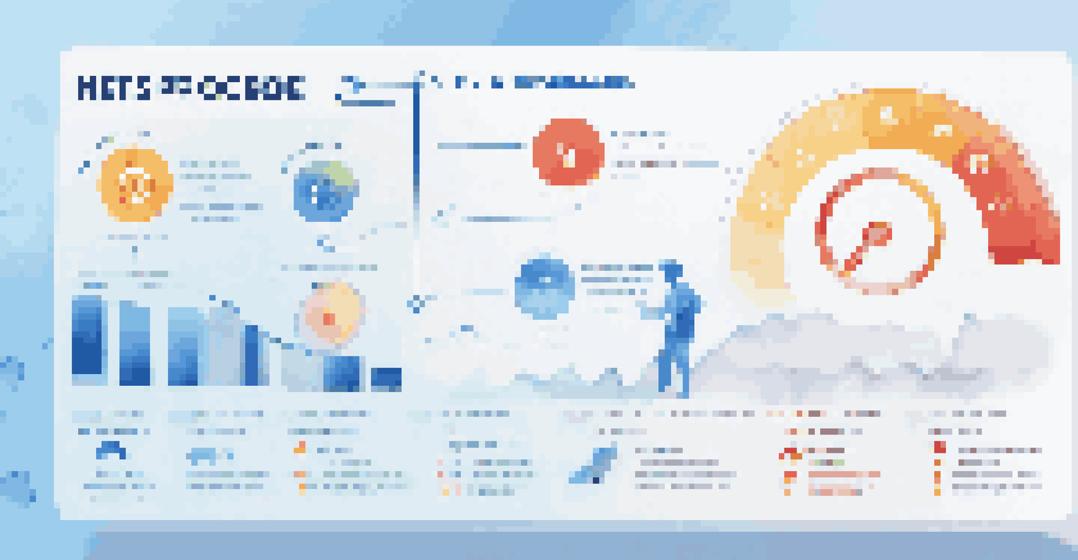 An infographic illustrating the Net Promoter Score concept with a gauge and icons for Promoters, Passives, and Detractors.