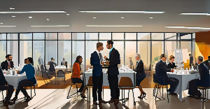 A bustling networking event in a modern conference hall with diverse attendees conversing and exchanging business cards.