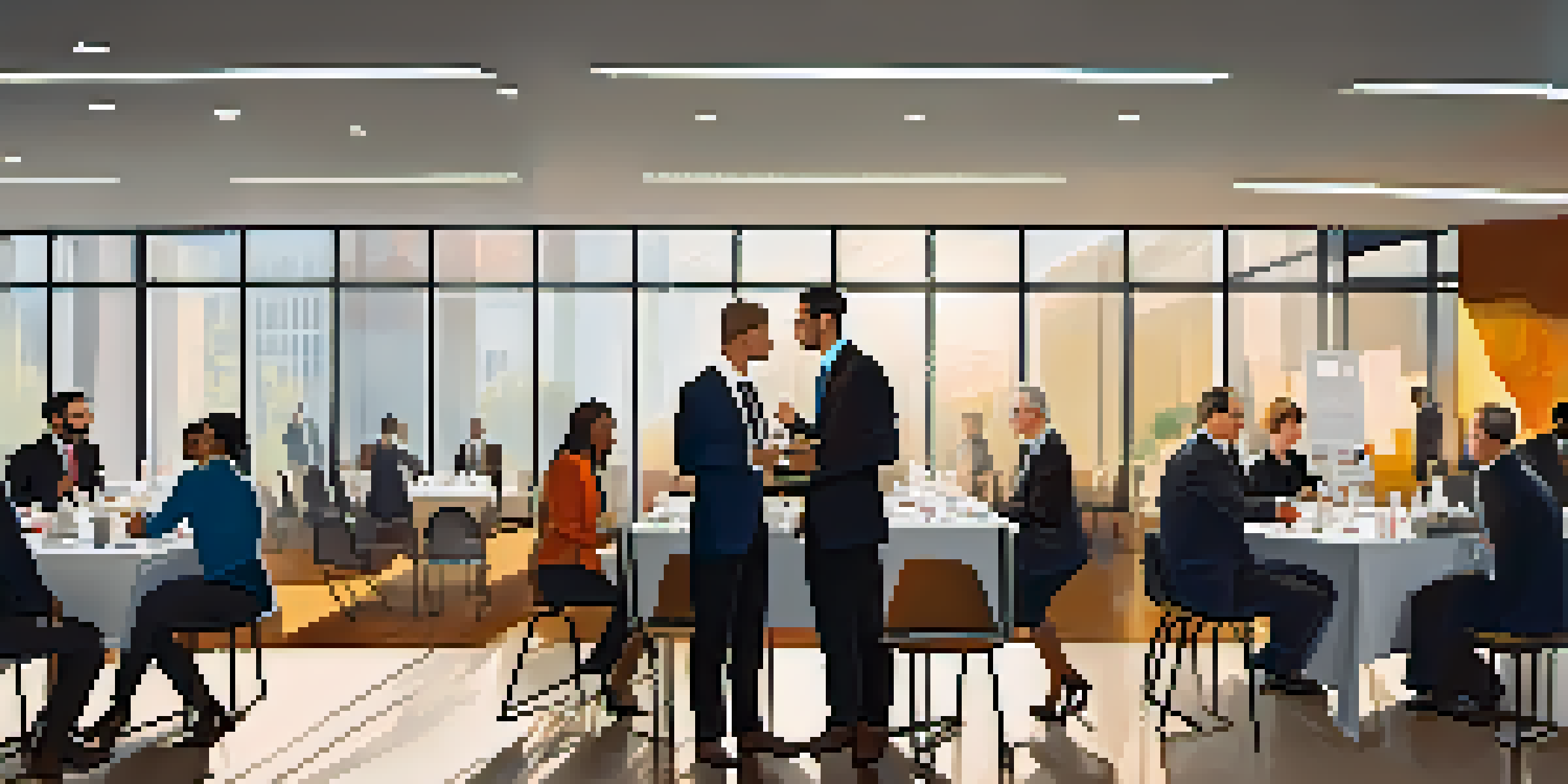 A bustling networking event in a modern conference hall with diverse attendees conversing and exchanging business cards.