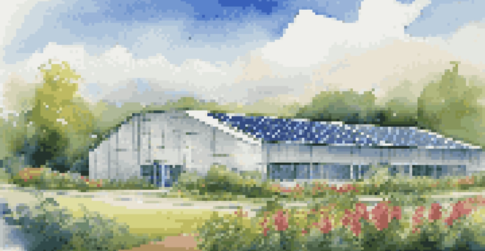 A modern eco-friendly warehouse set in a lush green landscape with solar panels and colorful flowers.
