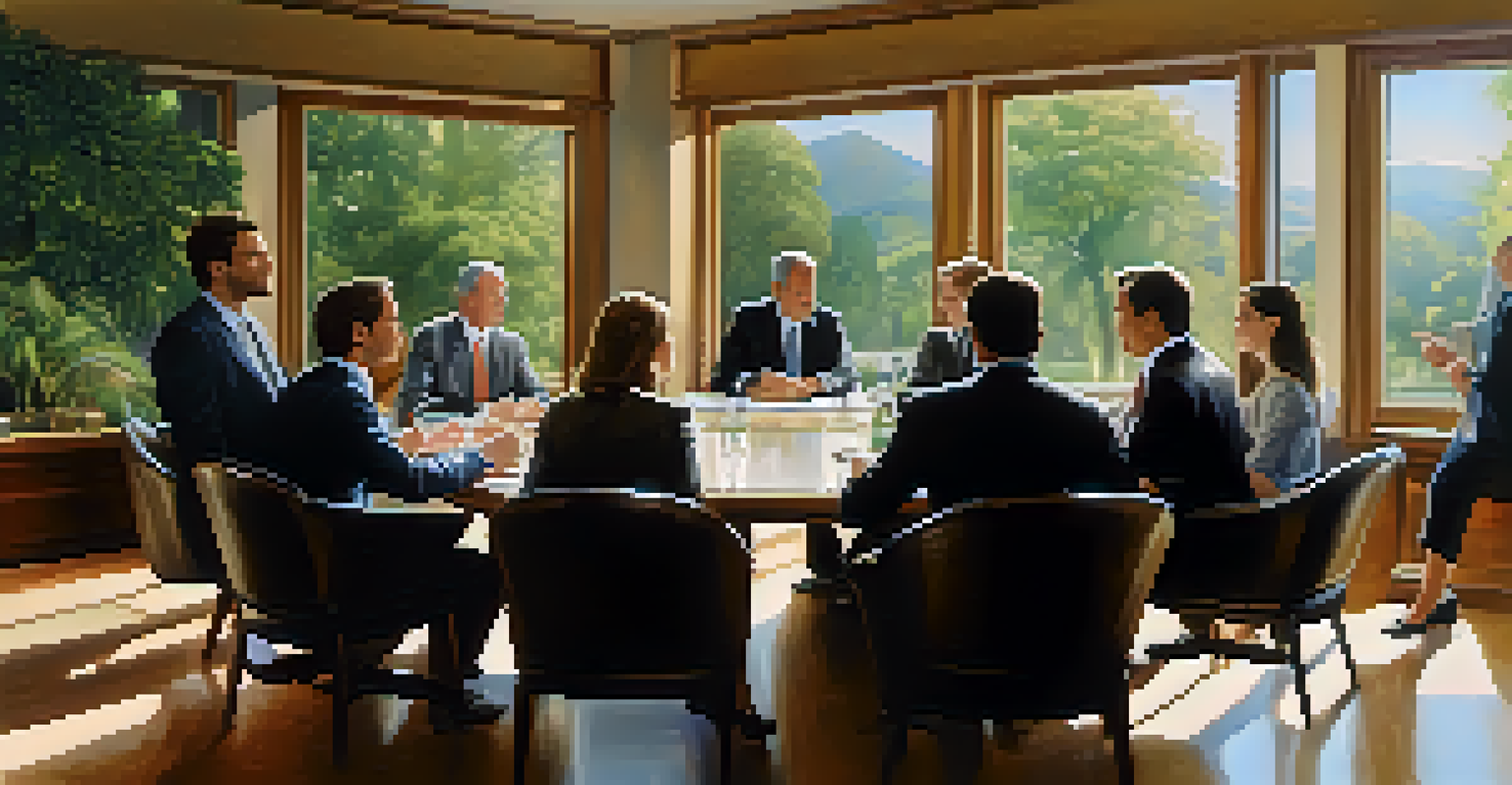 A diverse group of business people engaged in a negotiation, showcasing open postures and positive expressions.