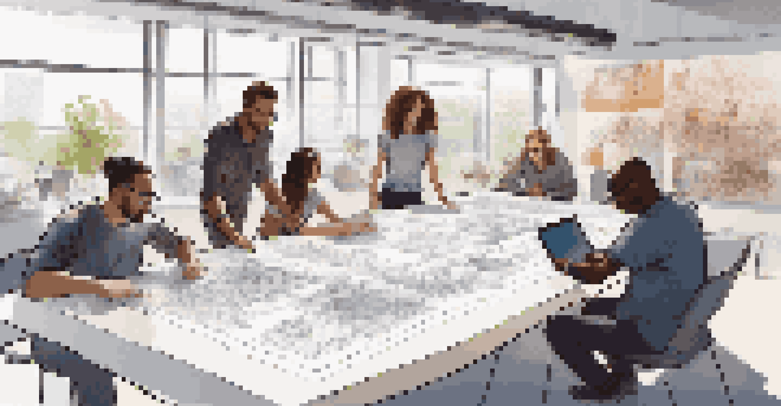 A diverse team of designers collaborating in a bright office, surrounded by sketches and digital devices, engaged in discussion.