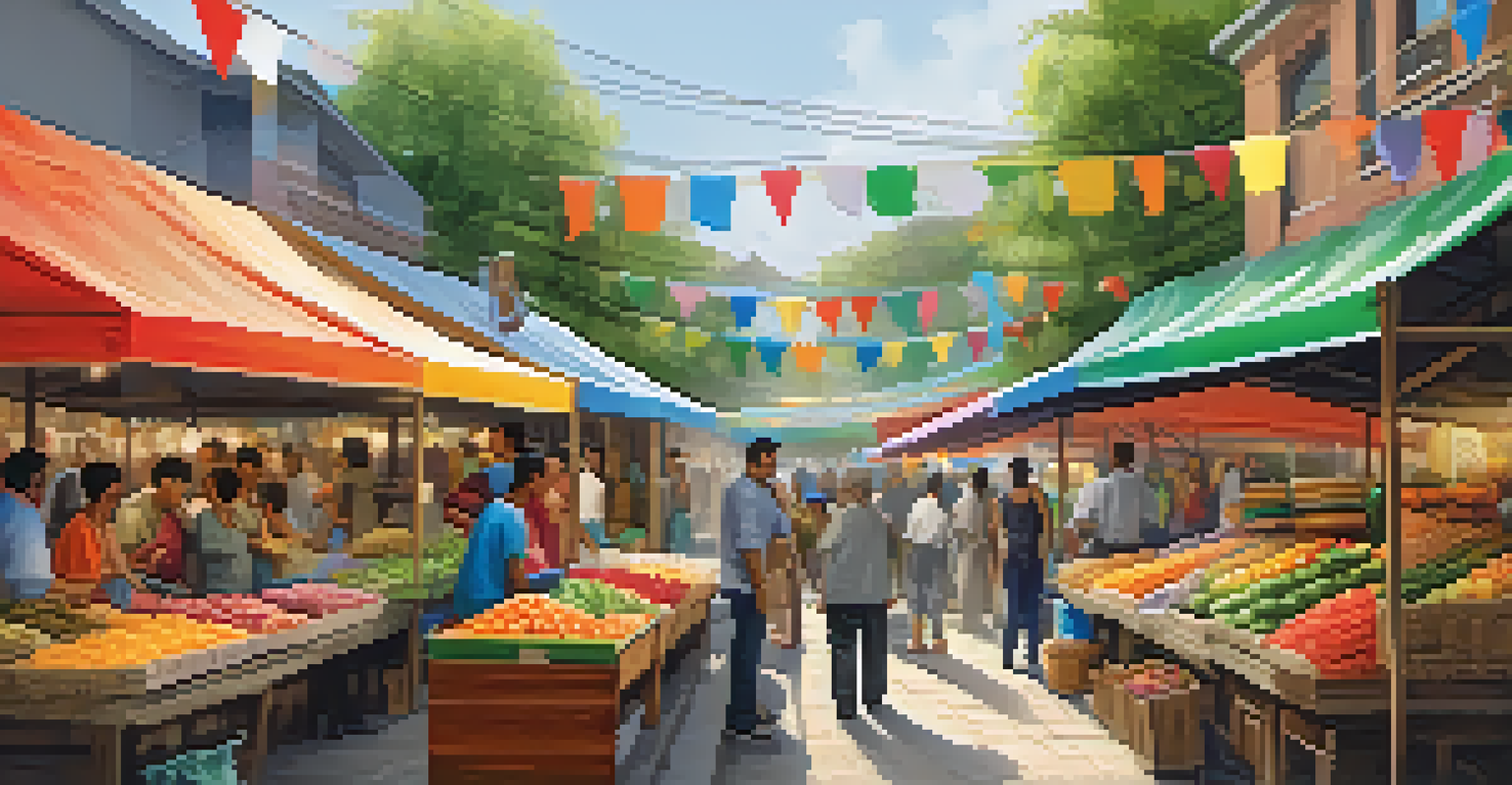 A lively local market with stalls run by artisans, showcasing community engagement and support among people.