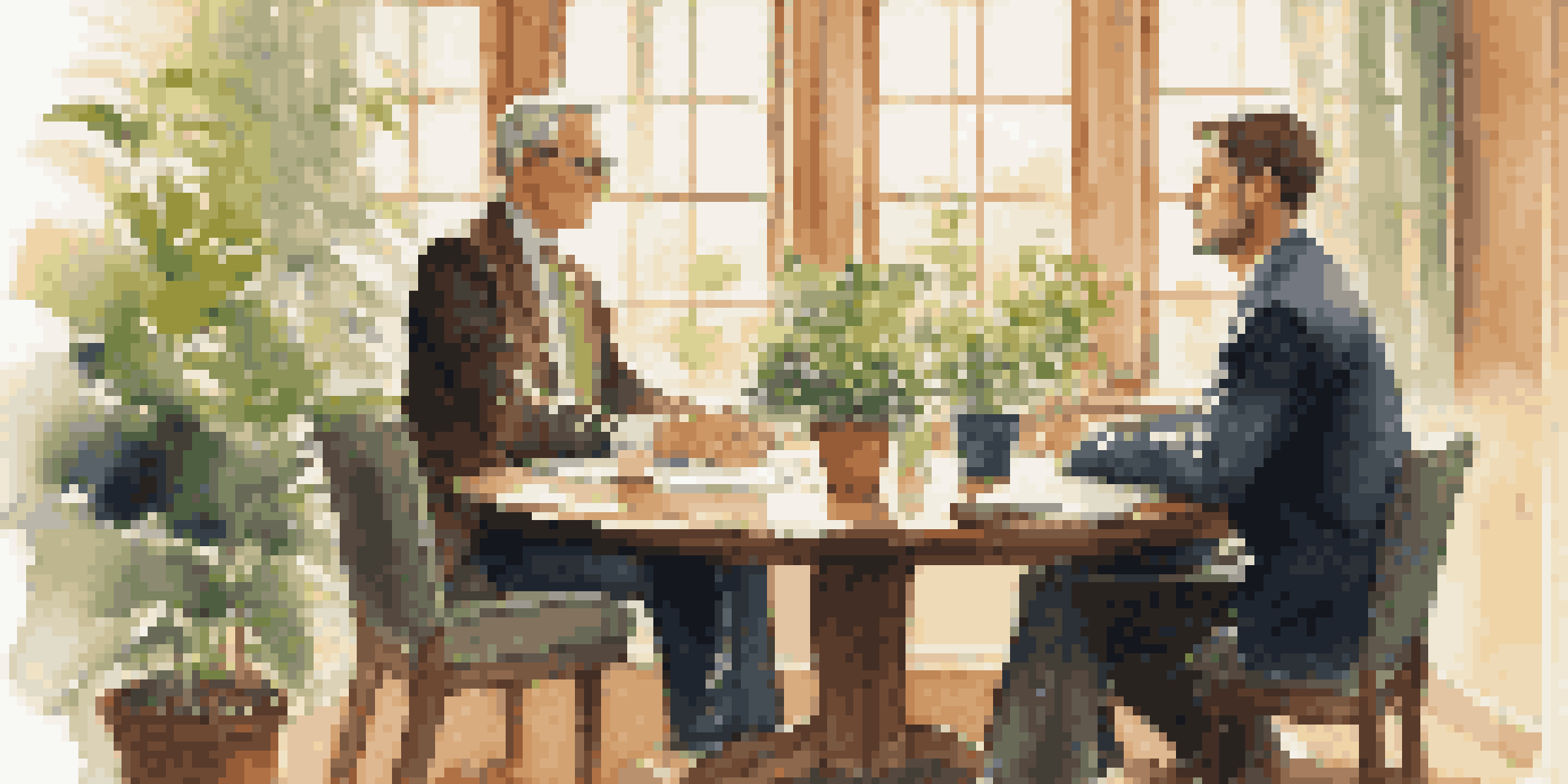 A calm office setting with two people at a round table engaged in a negotiation, one listening actively while the other speaks with enthusiasm, illuminated by soft natural light.