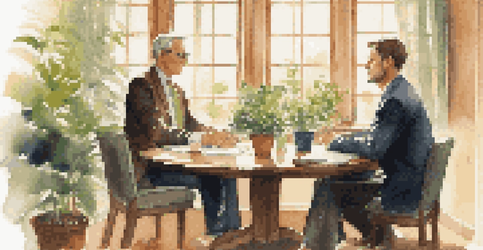 A calm office setting with two people at a round table engaged in a negotiation, one listening actively while the other speaks with enthusiasm, illuminated by soft natural light.