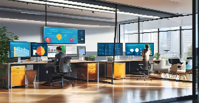 A diverse team in a modern office working on a digital dashboard related to customer experience management.