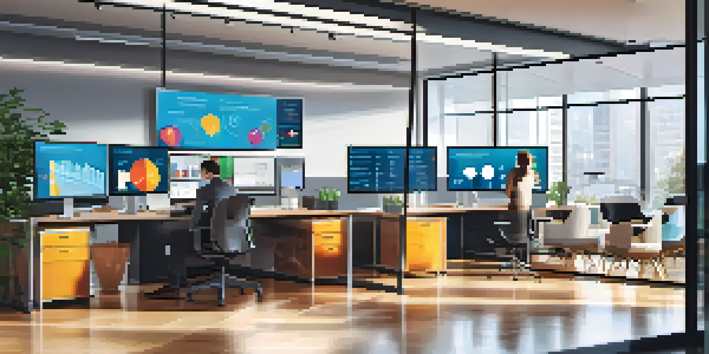 A diverse team in a modern office working on a digital dashboard related to customer experience management.