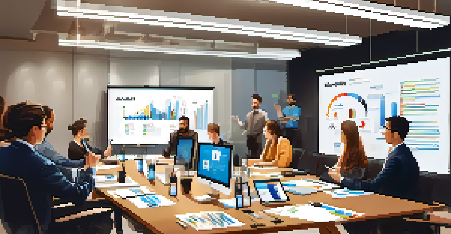 A digital marketing team engaged in a meeting, discussing strategies with charts and laptops.