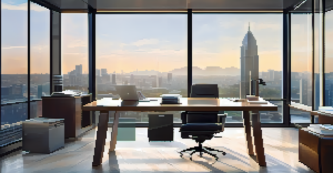A modern office with a panoramic city view, a wooden desk with a laptop and financial reports, illuminated by natural light.
