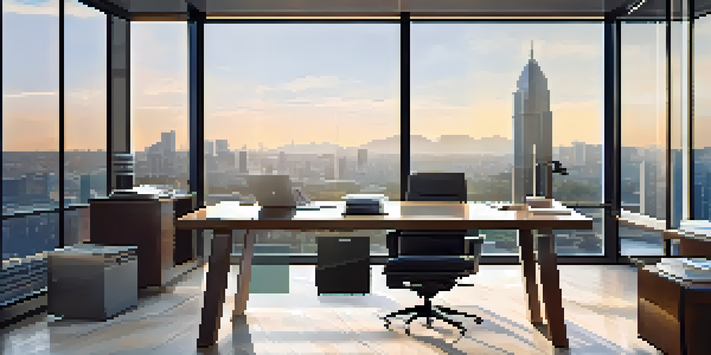 A modern office with a panoramic city view, a wooden desk with a laptop and financial reports, illuminated by natural light.