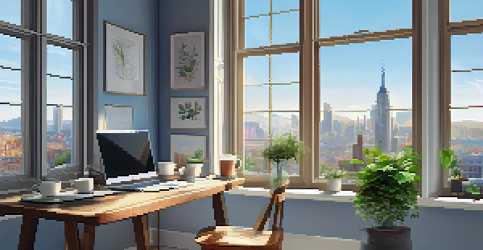 A bright office space with a wooden desk, laptop, potted plant, and coffee mug, featuring a view of a city skyline through a large window.