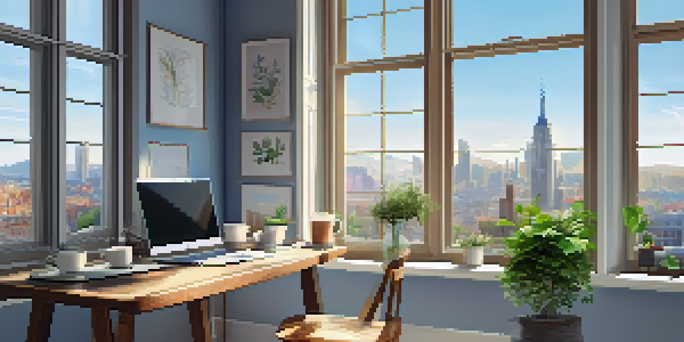 A bright office space with a wooden desk, laptop, potted plant, and coffee mug, featuring a view of a city skyline through a large window.