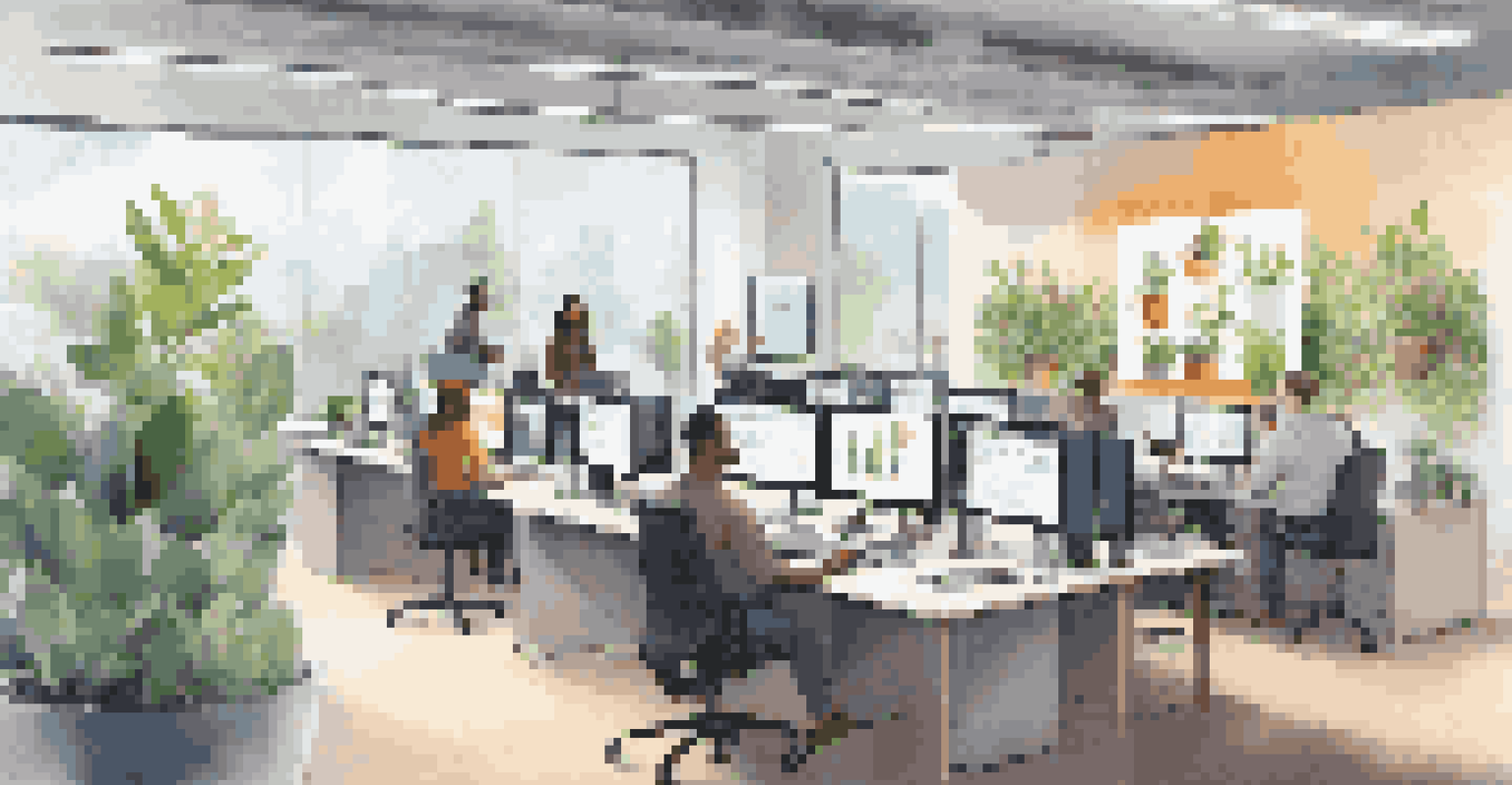An open workspace with a digital screen showing customer feedback analytics, employees engaged in work and discussions.