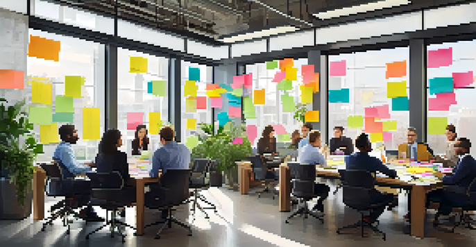 A diverse group of professionals brainstorming together in a bright, modern office with colorful notes and laptops.