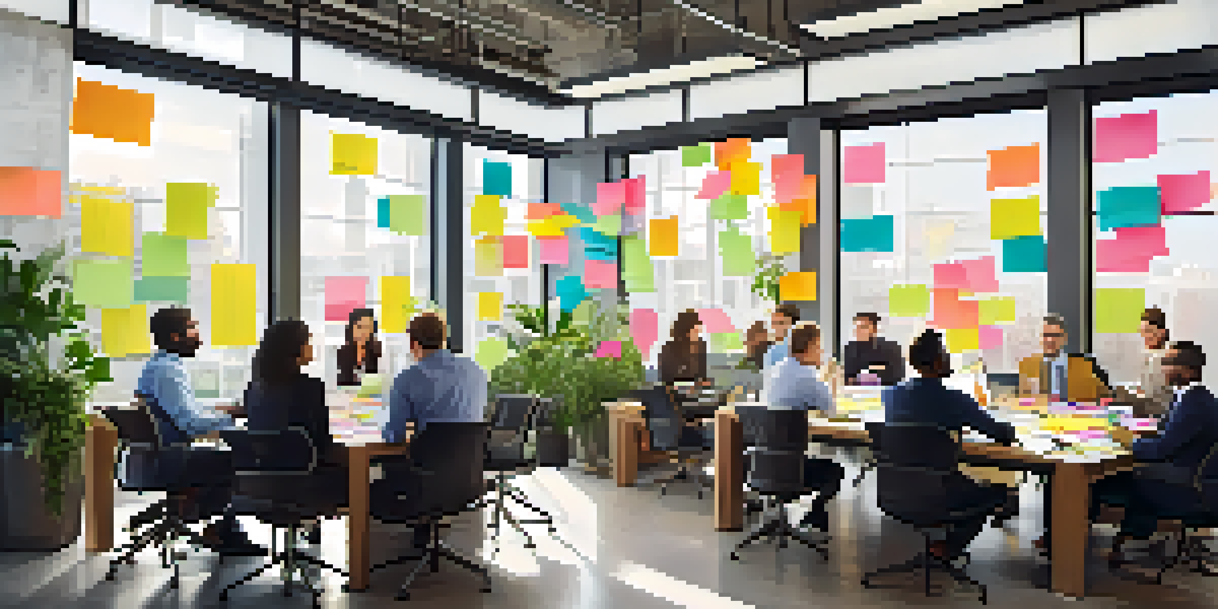 A diverse group of professionals brainstorming together in a bright, modern office with colorful notes and laptops.
