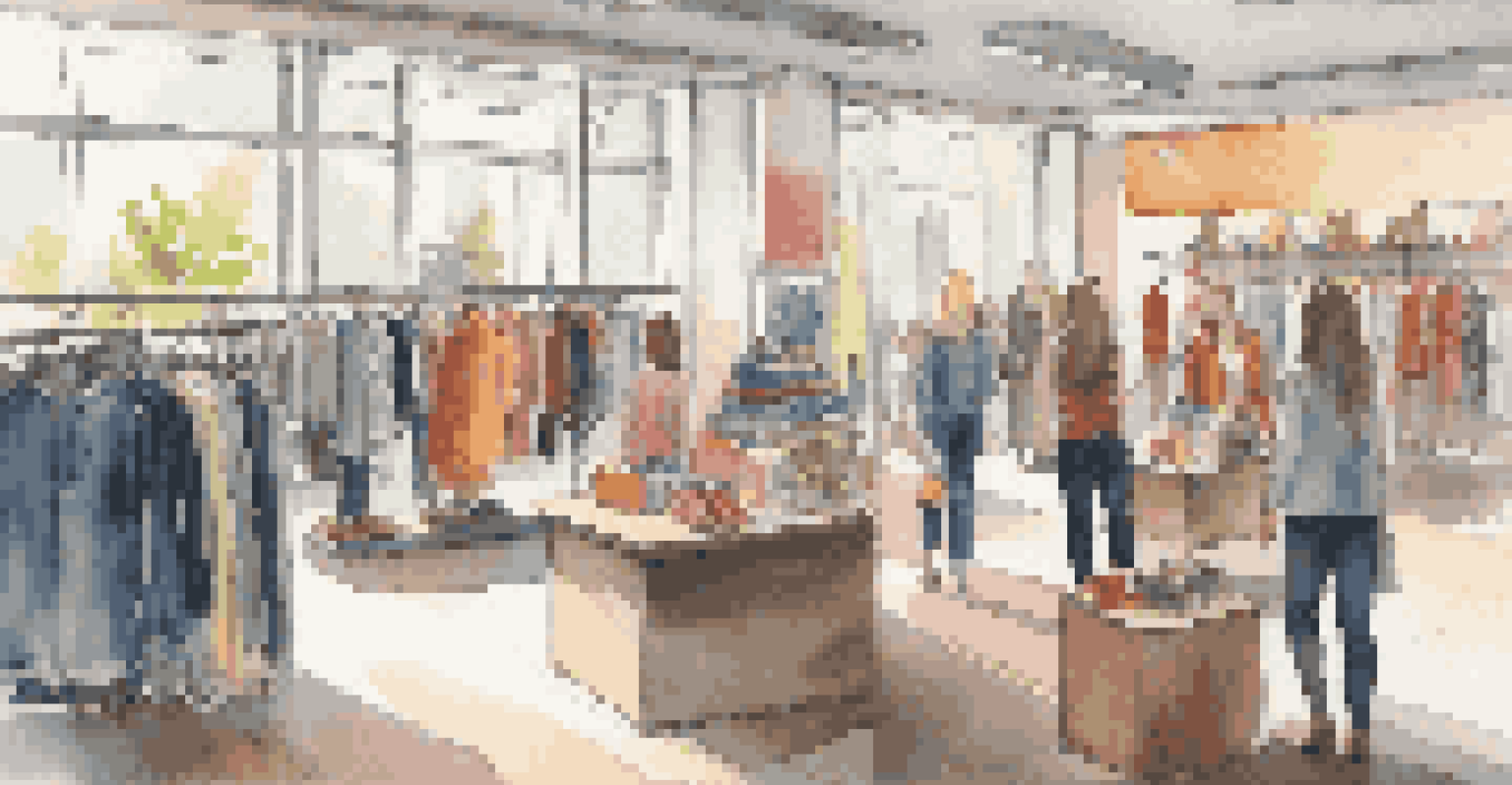 A well-organized clothing store with customers browsing through garments and bright natural light streaming in through large windows.