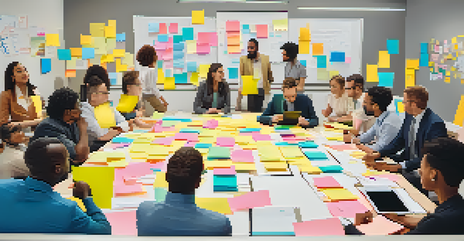 A diverse team collaborating around a table with sticky notes and flow charts during a brainstorming session.