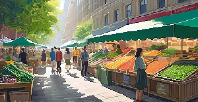 A lively urban market filled with diverse consumers browsing eco-friendly products under sunny trees.