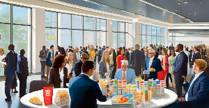 A vibrant networking event with people of different backgrounds exchanging business cards and engaging in conversations in a modern conference room.
