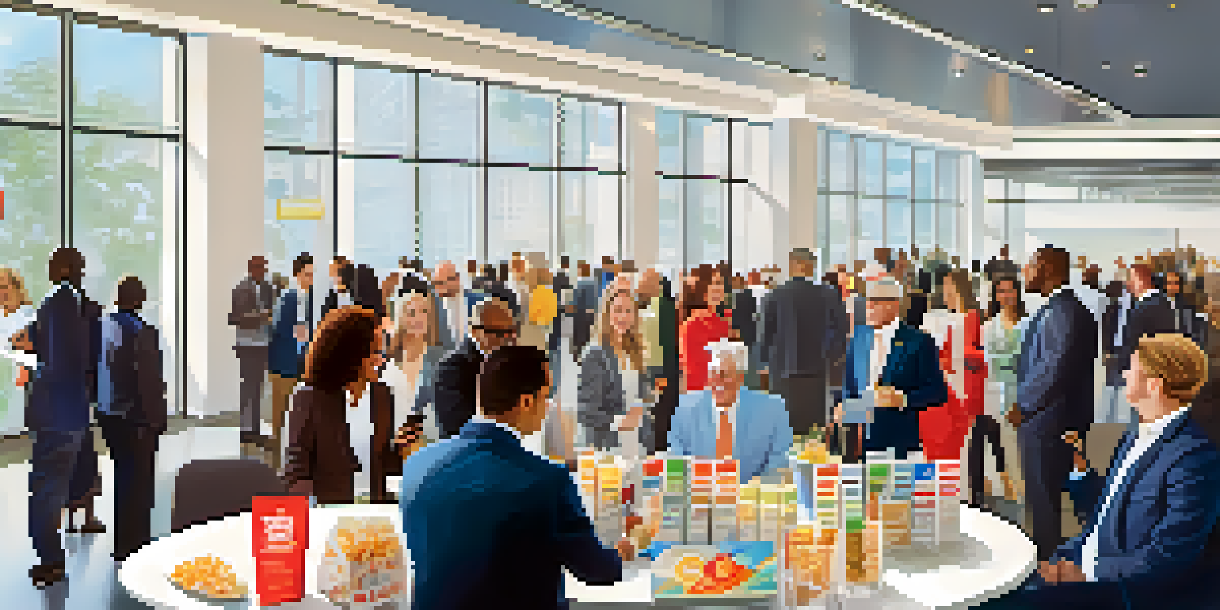 A vibrant networking event with people of different backgrounds exchanging business cards and engaging in conversations in a modern conference room.