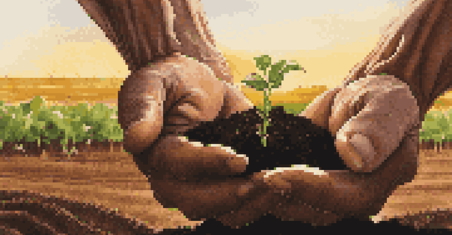 A close-up of hands holding soil with seedlings, representing sustainable agriculture, with a field of crops in the background.