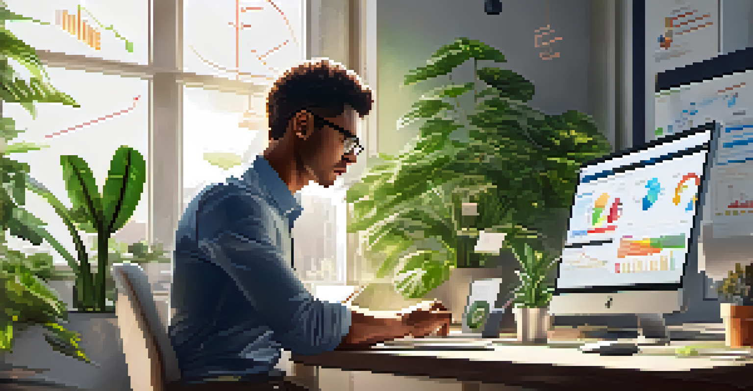A professional analyzing online reputation data on a laptop in a well-lit workspace filled with plants.