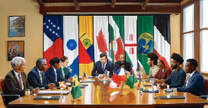 A diverse group of professionals discussing around a conference table, with cultural artifacts and flags in the background, conveying an inclusive atmosphere.