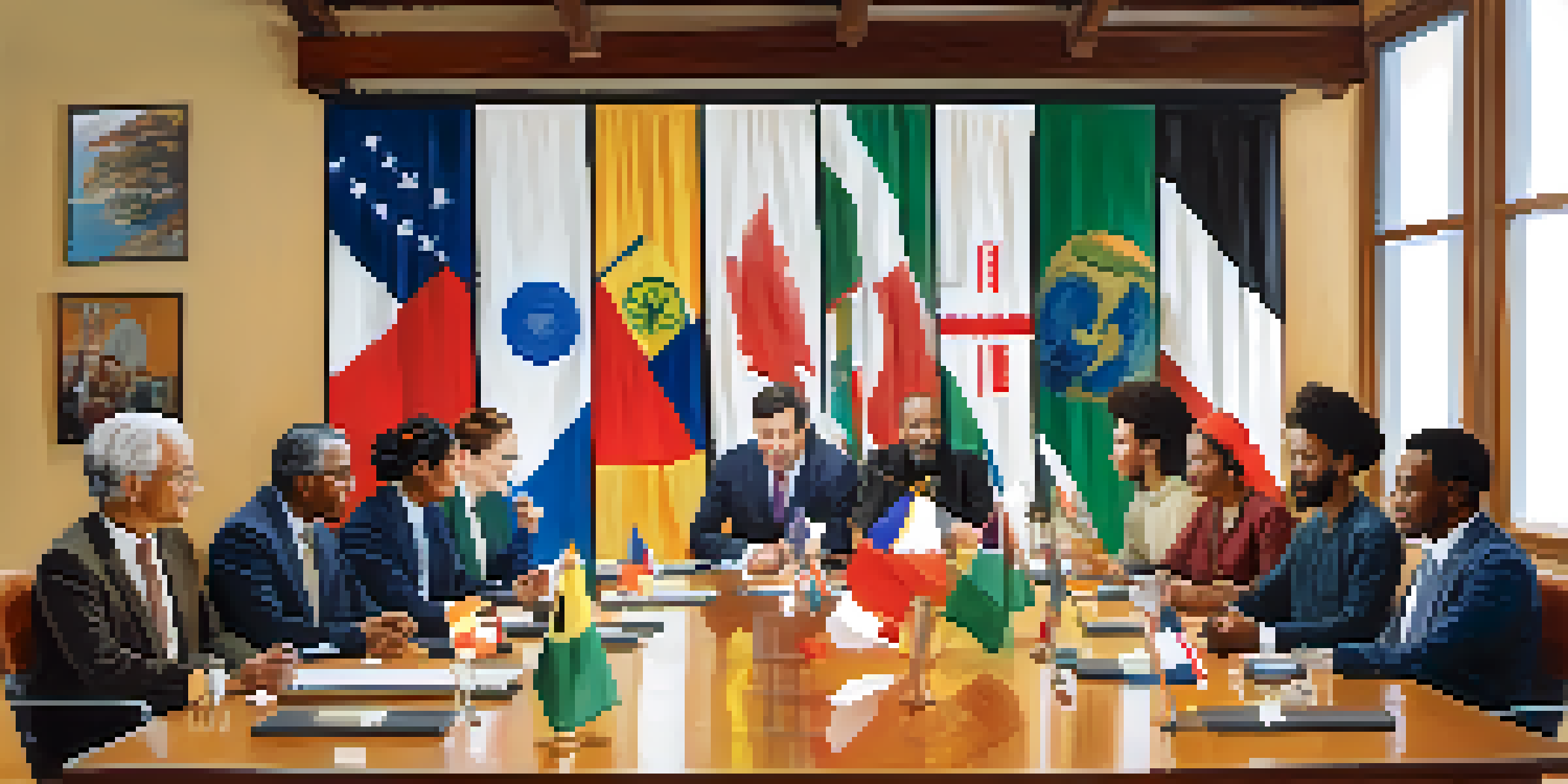 A diverse group of professionals discussing around a conference table, with cultural artifacts and flags in the background, conveying an inclusive atmosphere.