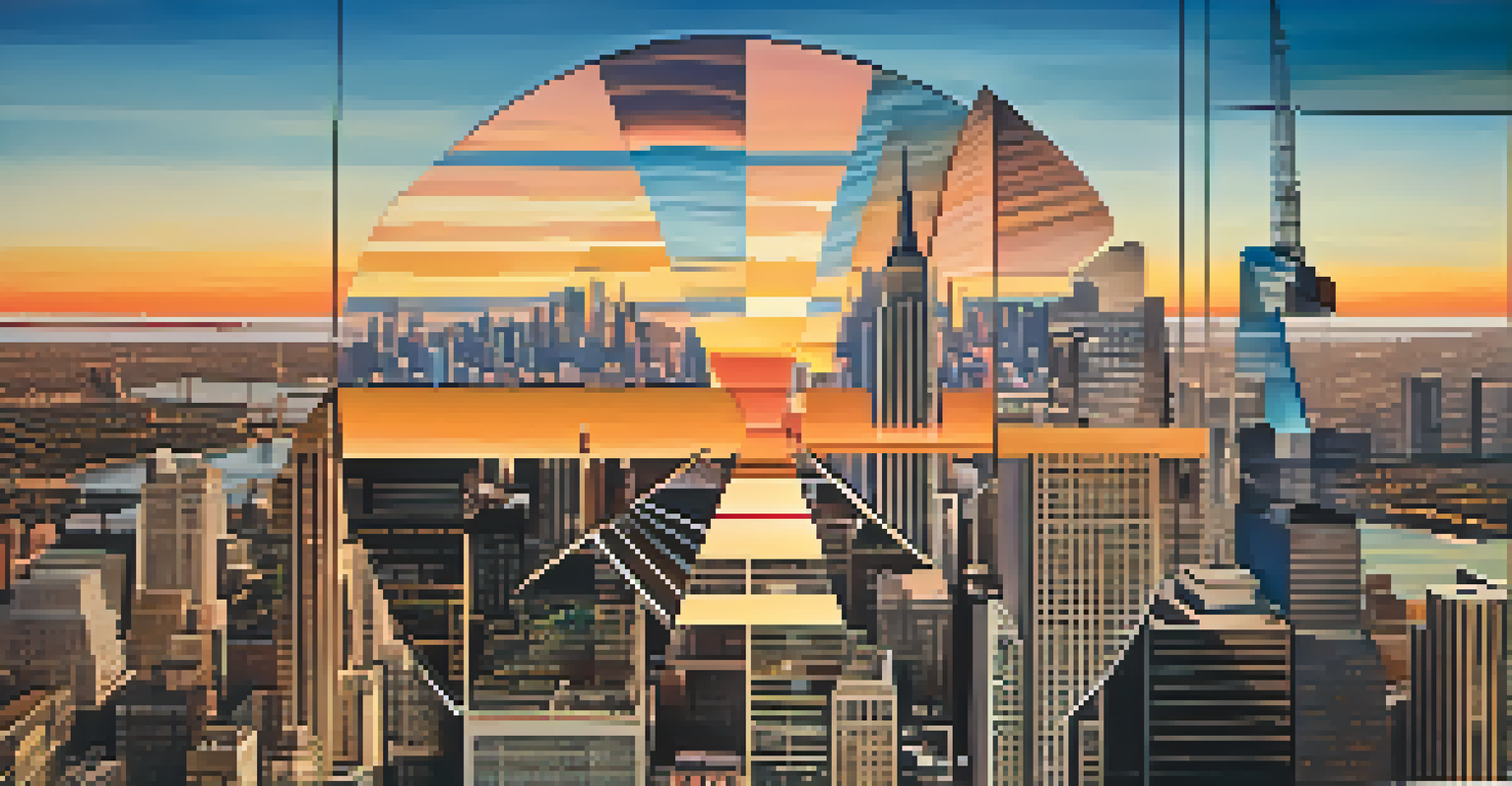 A pie chart labeled with assets, liabilities, and equity against a city skyline at sunset, symbolizing financial growth.