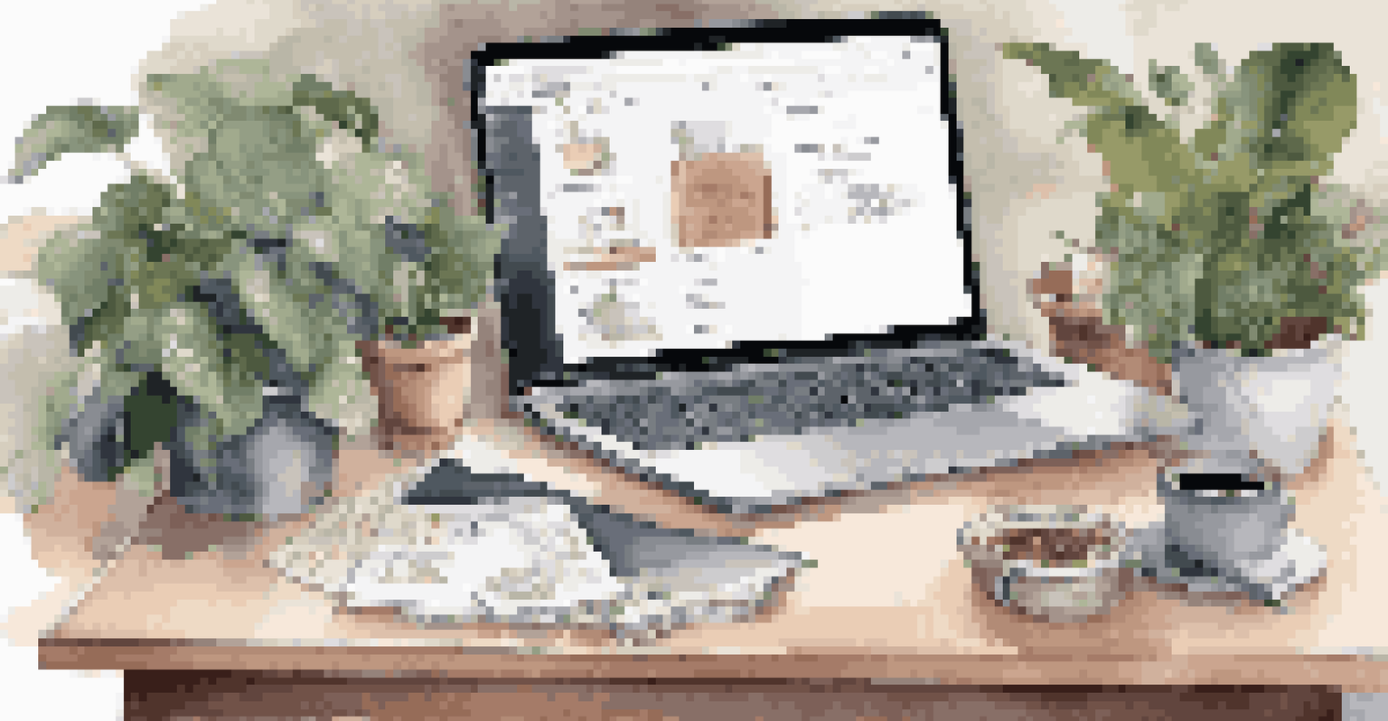 A cozy workspace with a laptop displaying user-generated content on social media, surrounded by coffee cups, notes, and a plant.