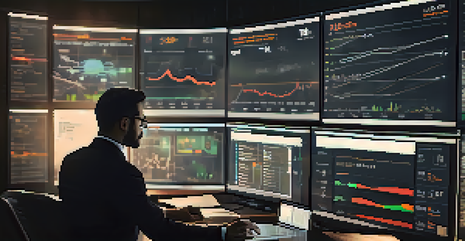 A person analyzing historical data on a digital dashboard in a dimly lit room.