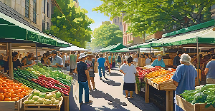 A vibrant urban market filled with organic fruits and vegetables, sunlight filtering through leaves, with diverse shoppers and vendors.