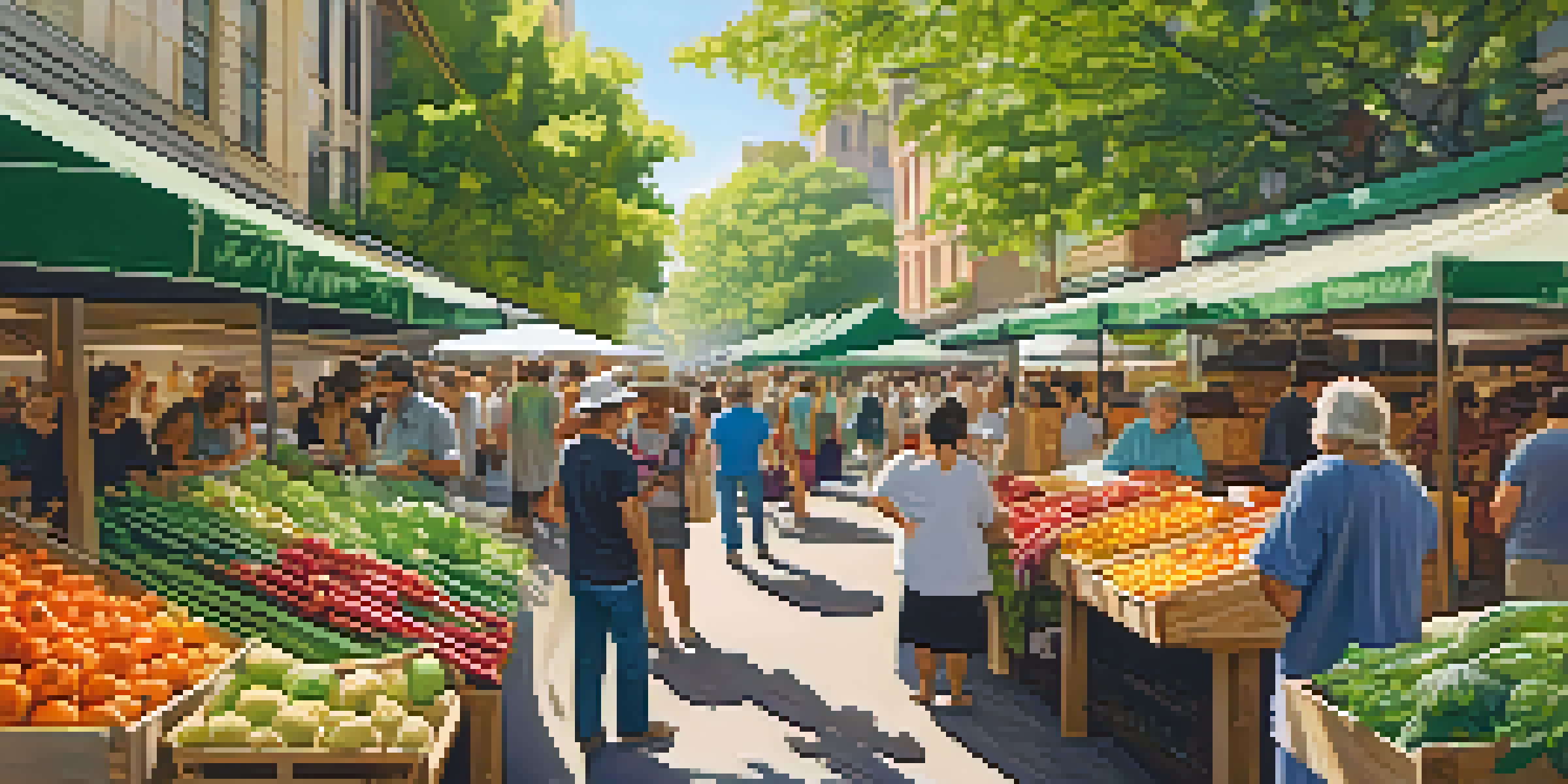 A vibrant urban market filled with organic fruits and vegetables, sunlight filtering through leaves, with diverse shoppers and vendors.
